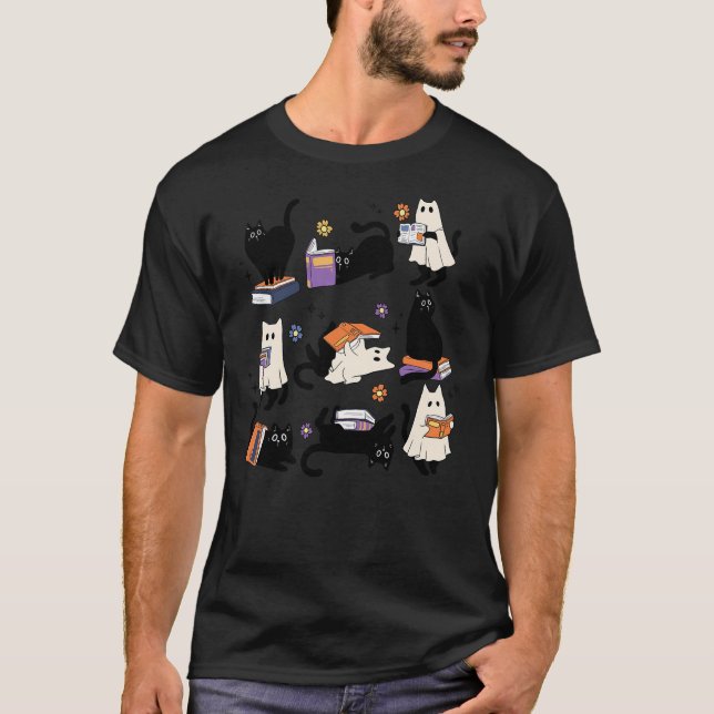 Camiseta Cute Ghost Cat Reading Books Lover Bookish Hallowe (Frente)