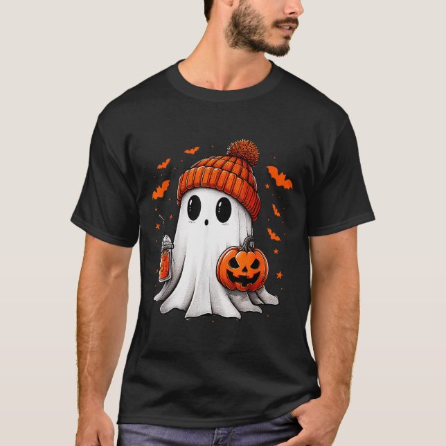 Camiseta Cute Ghost Drinking Ice Coffee Halloween Pumpkin M (Frente)