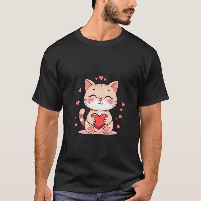 Camiseta Cute Ginger Cat Hugging Red Heart Love Art ✨🐾❤️ (Frente)