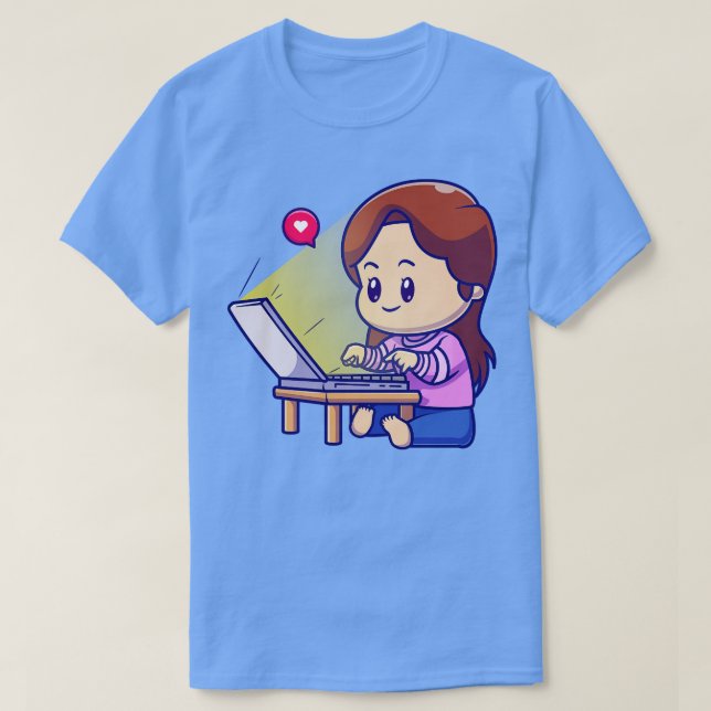 Camiseta Cute Girl Working On Laptop Cartoon (Frente do Design)