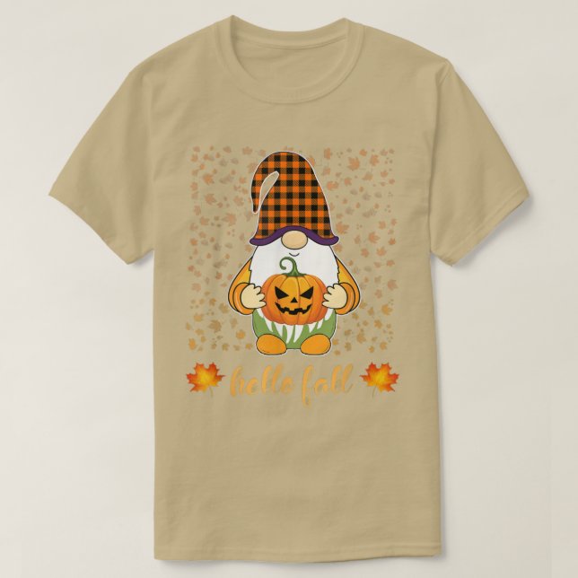 Camiseta Cute Gnomo Engraçado Mantendo Pumpkin Outono Queda (Frente do Design)