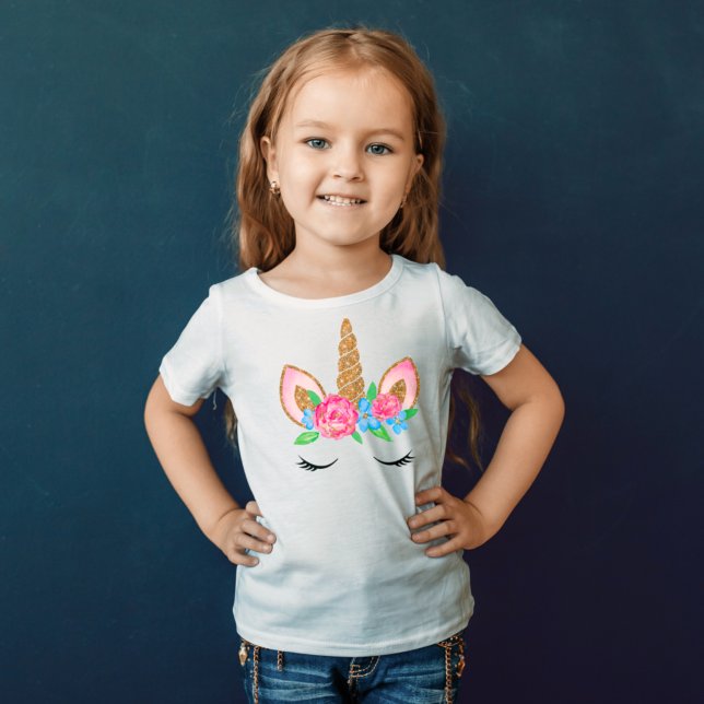 Camiseta Cute Gold Glitter Unicorn Floral T-Shirt (Cute Gold Glitter Unicorn Floral T-Shirt)
