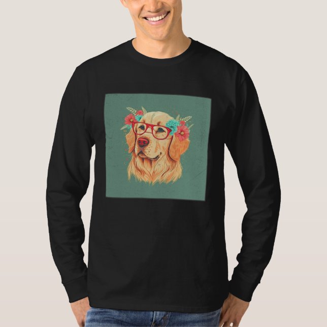 Camiseta Cute Golden Retriever Illustration Floral Glasses  (Frente)