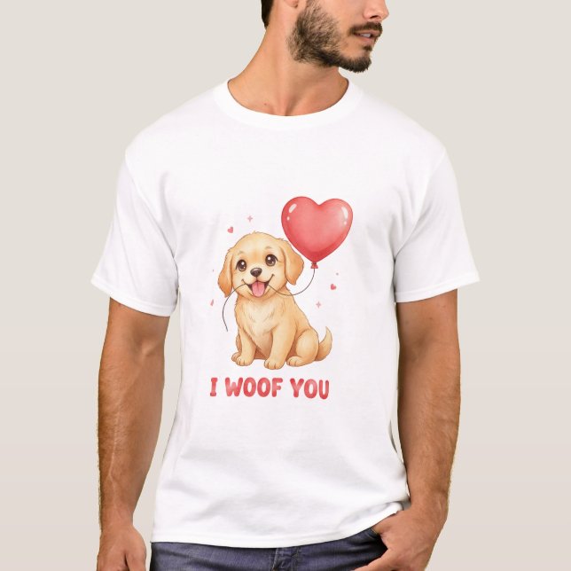 Camiseta Cute Golden Retriever Puppy I Woof You Valentine  (Frente)