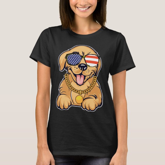 Camiseta Cute Golden Retriever With USA Sunglasses Patrioti (Frente)