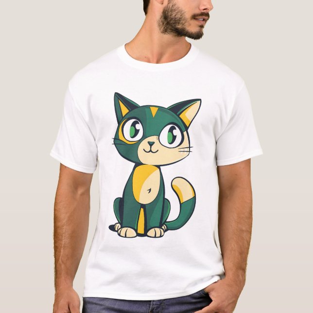 Camiseta Cute Green and Yellow Cartoon Cat Illustration (Frente)