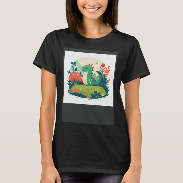 Camiseta Cute Green Dragon in a garden forest (Frente)