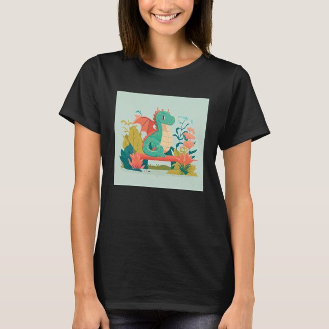 Camiseta Cute Green Dragon sitting on bench in a garden for (Frente)