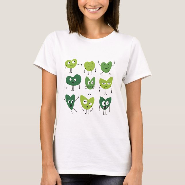 Camiseta Cute Green Heart Faces  valentine day minimalist (Frente)
