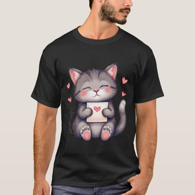 Camiseta Cute Grey Kitten Holding Love Letter ✨🐾💌 (Frente)