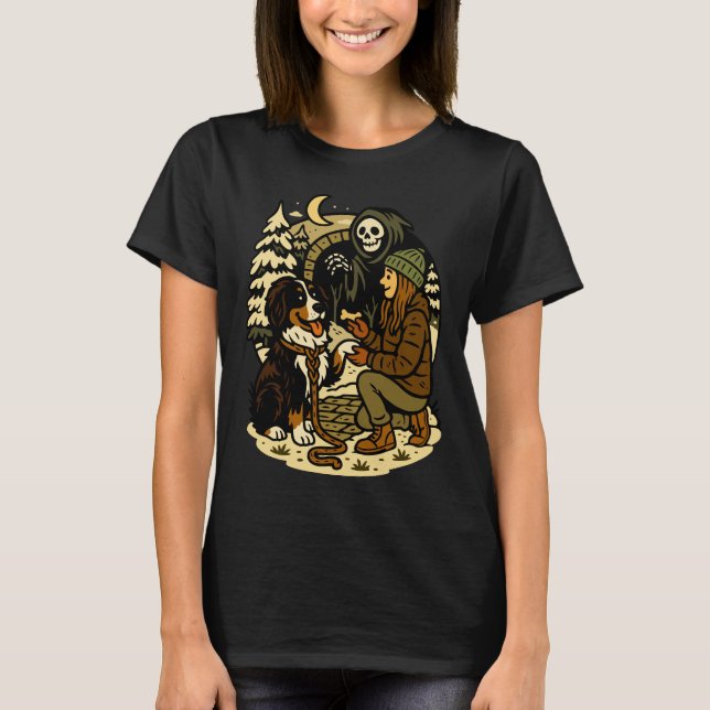 Camiseta Cute Grim Reaper Girl and Dog Spooky Forest Night (Frente)