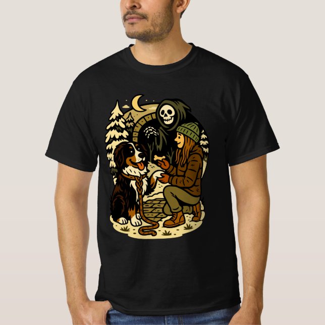 Camiseta Cute Grim Reaper Girl and Dog Spooky Forest Night (Frente)