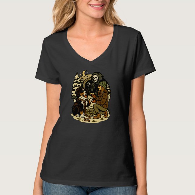 Camiseta Cute Grim Reaper Girl and Dog Spooky Forest Night (Frente)