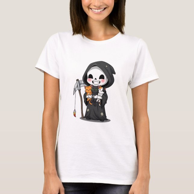 Camiseta Cute Grim Reaper Holding Three Cats Cartoon (Frente)