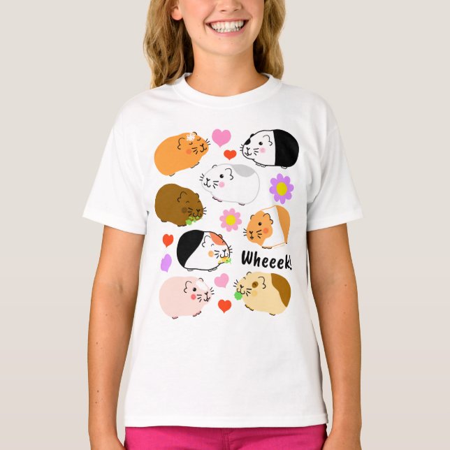 Camiseta Cute Guinea Pigs with Hearts and Flowers (Frente)