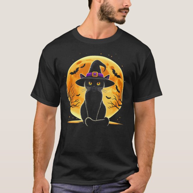 Camiseta Cute Halloween Black Cat Witch Hat Halloween Costu (Frente)
