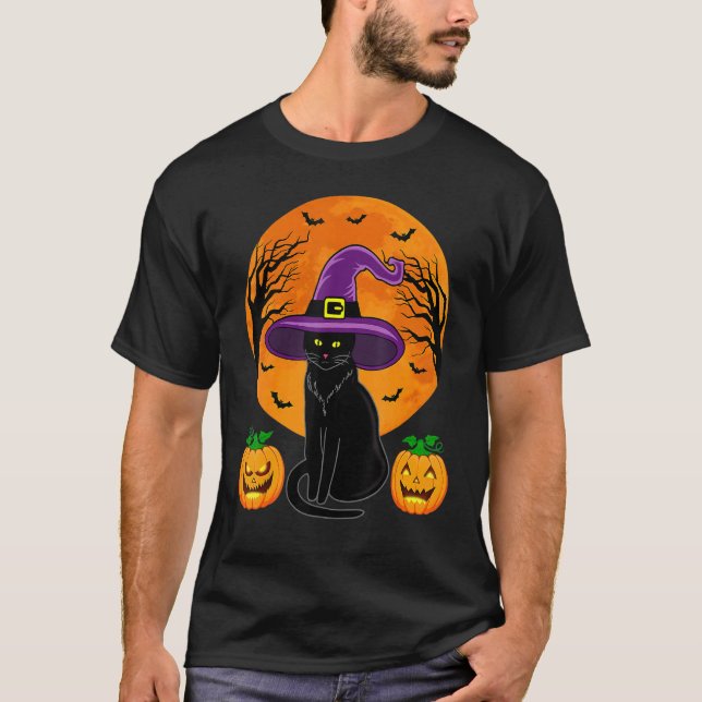 Camiseta Cute Halloween Black Cat Witch Hat Pumpkin For Kid (Frente)