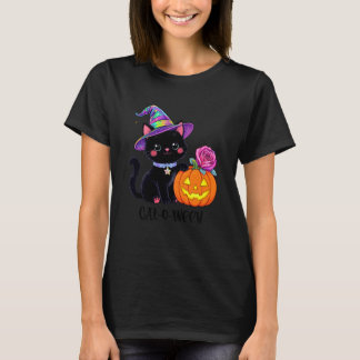 Camiseta Cute Halloween Black Cat Witch Hat Pumpkin Rose