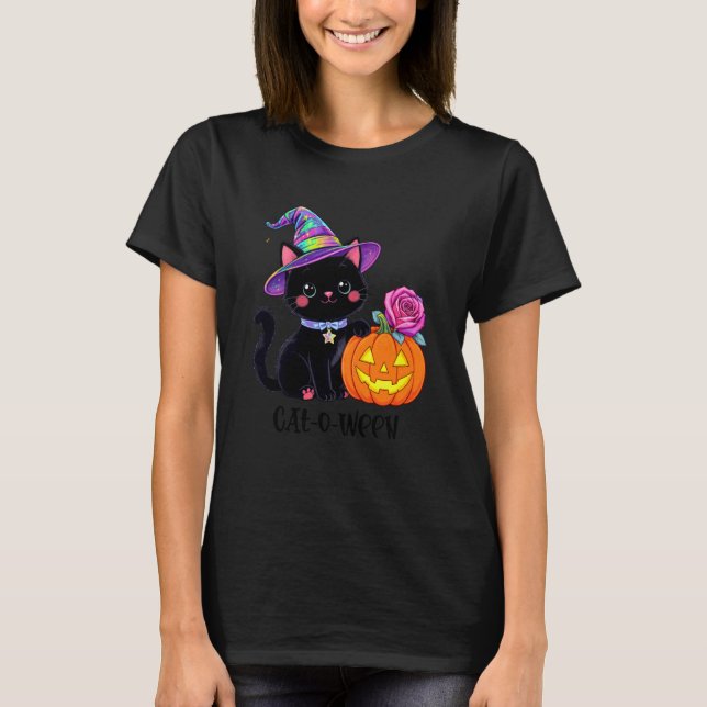 Camiseta Cute Halloween Black Cat Witch Hat Pumpkin Rose (Frente)