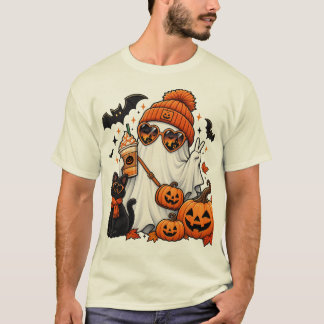 Camiseta Cute Halloween Ghost & Black Cat – Spooky Autumn