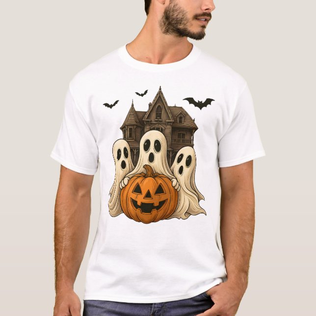 Camiseta Cute Halloween Ghosts and Haunted House Pumpkin T- (Frente)
