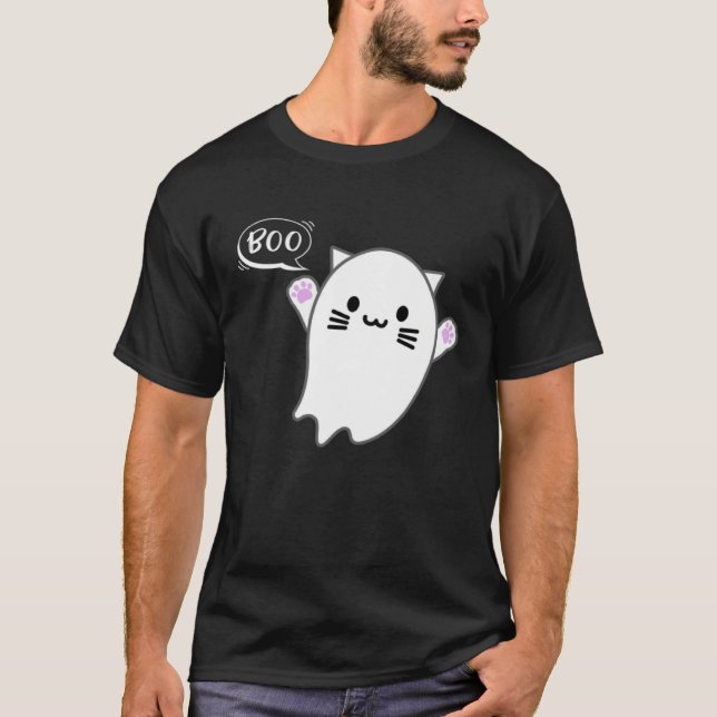 Camiseta Cute Halloween Kitten Cat Flying Ghost Boo Costume (Frente)