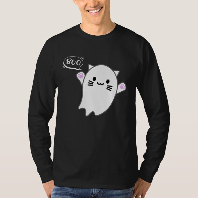 Camiseta Cute Halloween Kitten Cat Flying Ghost Boo Costume (Frente)