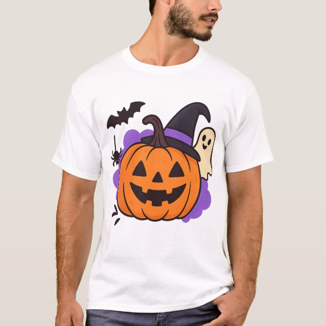 Camiseta Cute Halloween Pumpkin with Witch Hat – Ghost & Ba (Frente)