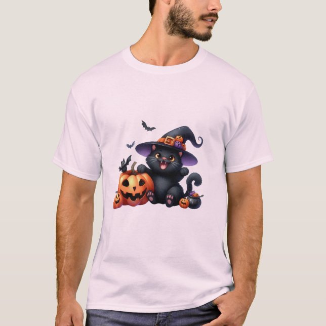 Camiseta Cute Halloween Witch Cat & Pumpkin Friend  🐾🎃 (Frente)