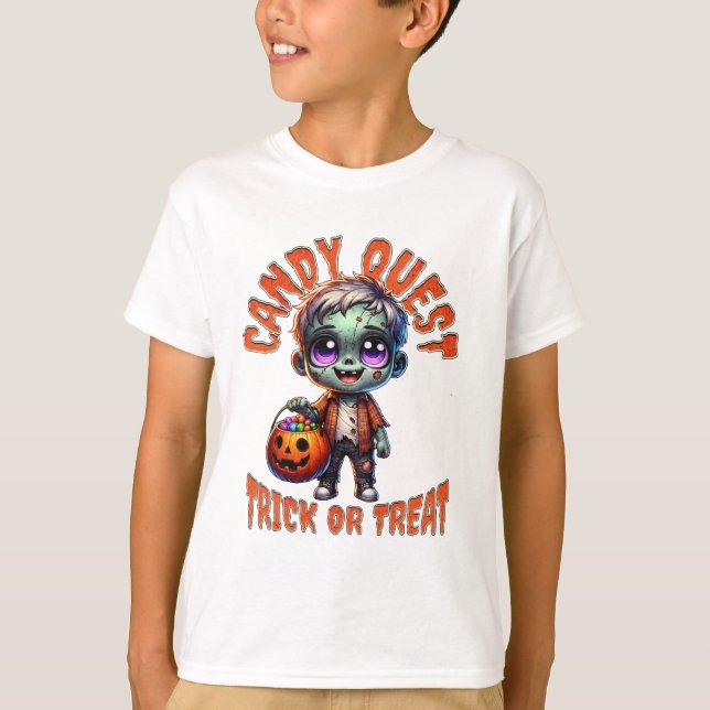 Camiseta Cute Halloween Zombie Kid Candy Quest T-Shirt (Frente)