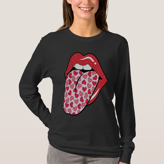 Camiseta Cute Heart Lips Tongue Retro Valentines Day Matchi (Frente)