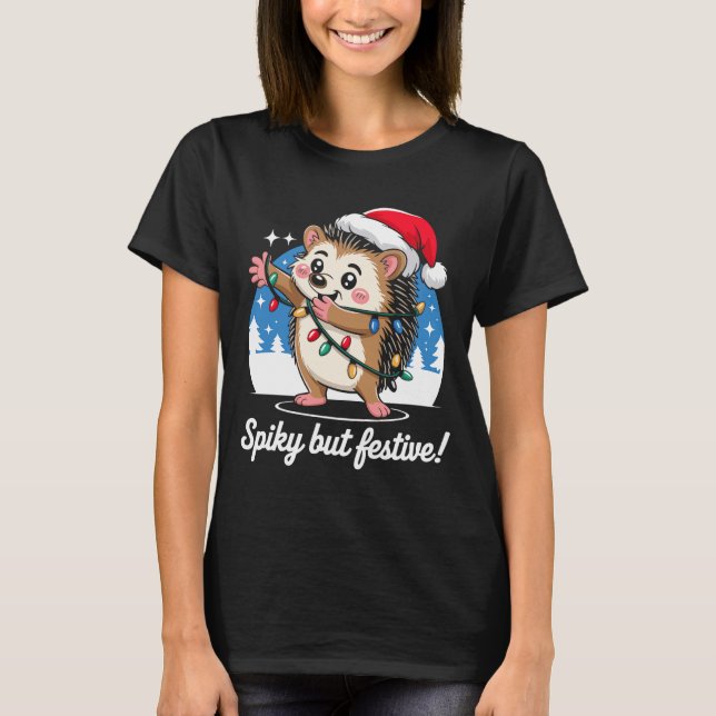 Camiseta Cute Hedgehog With Santa Hat Christmas Lights Wint (Frente)