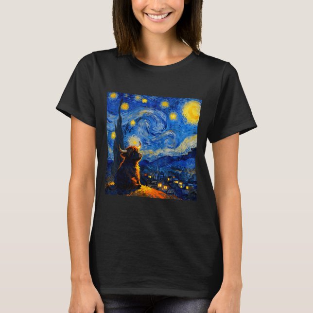 Camiseta Cute Highland Baby Cow Graphic Van Gogh Style Star (Frente)