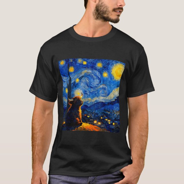 Camiseta Cute Highland Baby Cow Graphic Van Gogh Style Star (Frente)
