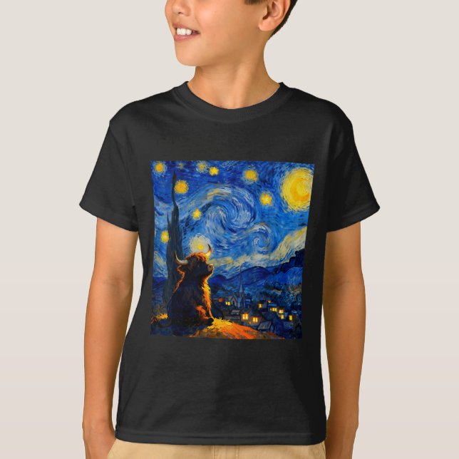 Camiseta Cute Highland Baby Cow Graphic Van Gogh Style Star (Frente)