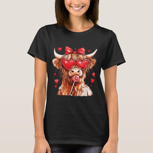 Camiseta Cute Highland Cow Candy Cane Heart Valentines Day  (Frente)