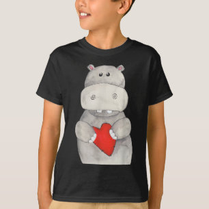 Camiseta Cute Hippo Hippopotamus Segurando Coração Love H