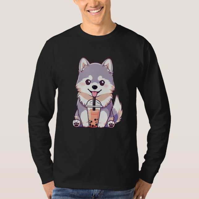 Camiseta Cute Husky Dog Drinking Bubble Milk Tea  Dog (Frente)