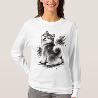 Camiseta 【Cute Husky Japanese Ink Long Sleeve Tee】