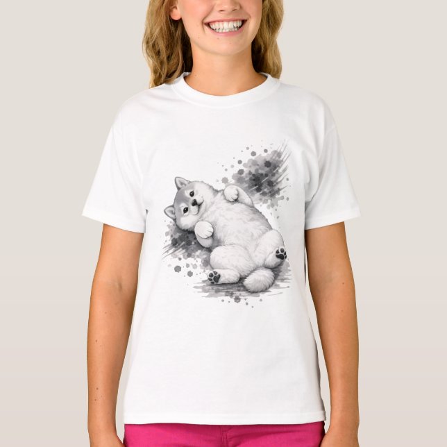 Camiseta 【Cute Husky Puppy Ink Art Kids T-Shirt】 (Frente)