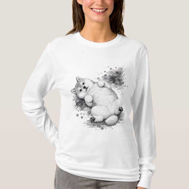 Camiseta 【Cute Husky Puppy Ink Art Long Sleeve T-Shirt】 (Frente)