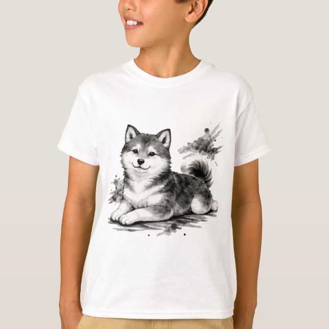 Camiseta 【Cute Husky Puppy Japanese Ink Art Kids T-Shirt】 (Frente)