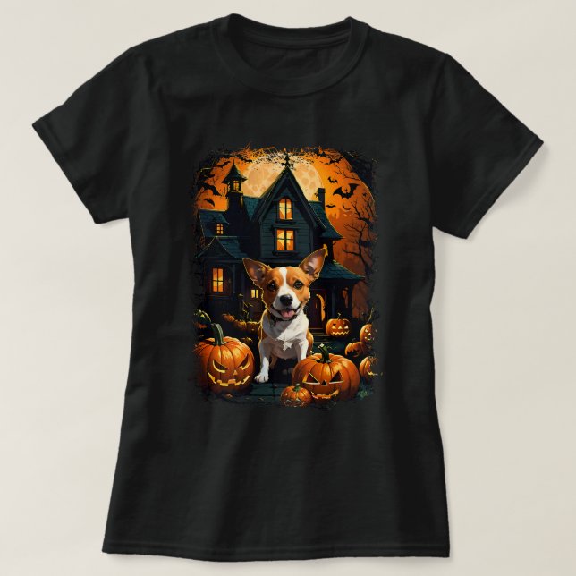 Camiseta Cute Jack Russell, Uma Lua Cheia Assombrada De Cas (Frente do Design)