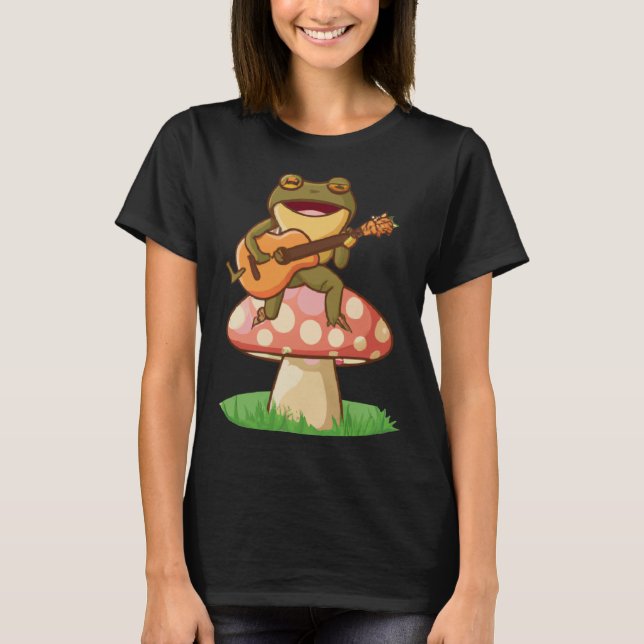 Camiseta Cute Japanese frog playing guitar banjo on a mushr (Frente)