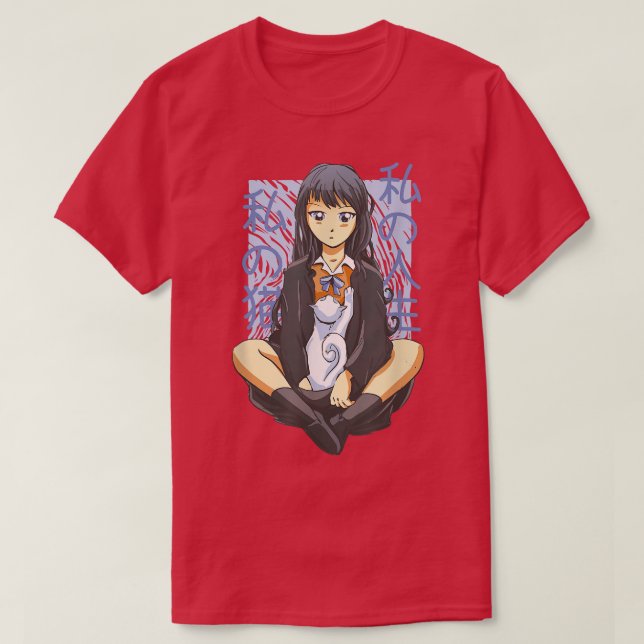 Camiseta Cute Japanese Kawaii Anime Girl Sitting with Neko  (Frente do Design)