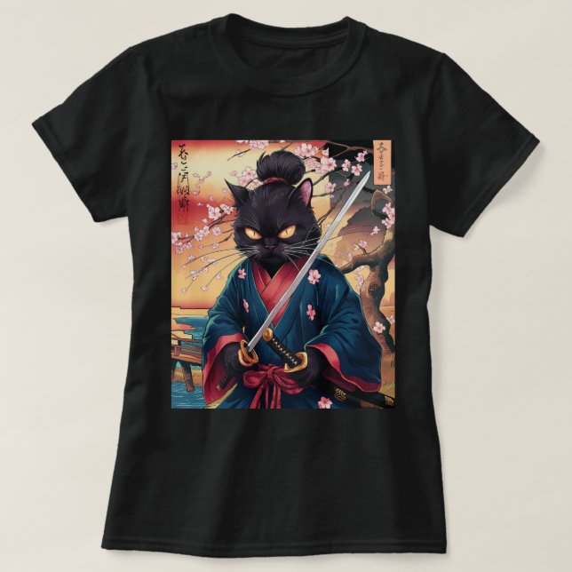 Camiseta Cute Japanese Samurai Cat  (Frente do Design)