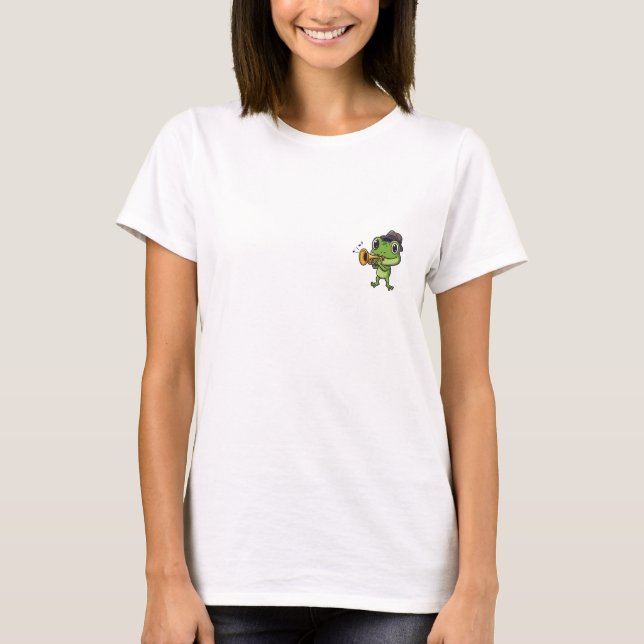 Camiseta Cute Jazz Musician Frog in Fedora Hat Playing (Frente)