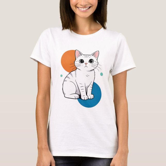 Camiseta Cute Kawai White Grey Tabby Cat Illustration (Frente)