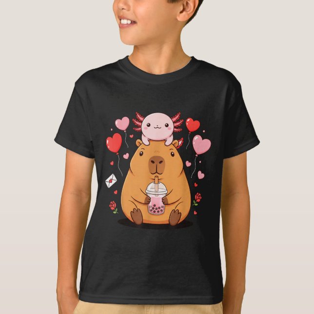 Camiseta Cute Kawaii Axolotl Capybara Bubble Tea Boys Girls (Frente)