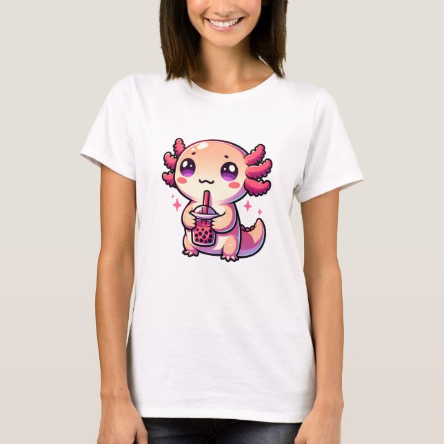 Camiseta Cute Kawaii Axolotl com Chá-Bolha (Frente)